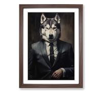 Husky in a Suit Painting No.3 Framed Print | A2 Walnut Framed Wall Art | Ready to Hang | Modern Animal Picture | Living Room Bedroom Lounge Office
