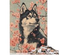 Husky in Cherry Blossoms Husky Dog Cherry Blossom Floral Art Puzzles 1000 Pieces for Teenagers Gifts Wooden Puzzle Adult Jigsaw Puzzle Puzzling for Gift 1000pcs (75x50cm)