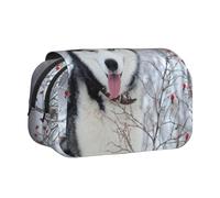 Husky In Winter Double Clamshell Pen Case Portable Pencil Pouch With Zipper
