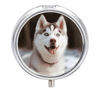 Husky Piquant Dog Pill Box Round Portable Small Pill Case Waterproof Travel Pill Box Organizer for Pocket Purse and Daily Convenience