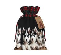 Husky Puppies Dogs -Print Multi-Colored Burlap Drawstring Bags, Eco-Friendly Plaid Pouches For Wedding Party Favors & Custom Packaging. S