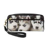 Husky Puppies Dogs Printed Leather Makeup Bags with Wrist Strap Portable Travel Toiletry Bag Cosmetic Organizer Bag for Women
