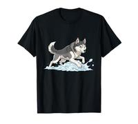 Husky Puppy Splashing Through Snow Scene T-Shirt