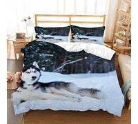 Husky Single Duvet Cover Set Winter Woodland Animals Bedding Soft Breathable Microfiber 3D Quilt Cover 135 x 200 cm with Zipper Closure and 2 Pillowcases b-7323