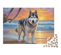 Husky Sunset Beach 1000 Piece Jigsaw Puzzle Paper for Adults Relaxing Focus Home Decor Puzzle Game for Family 52x38cm/1000pcs