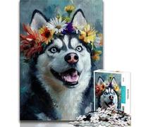 Husky Wearing Flowers Jigsaw Puzzles for Adults 1000 Piece Puzzle,Educational Games Home Decoration Deal As Gifts for The Whole Family (50x75cm)