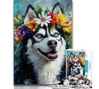 Husky Wearing Flowers Puzzles for Teenagers Teens 1000pc Puzzle,Challenging Family Activity Games DIY Toy for Home Wall Decor Gifts (50x75cm)