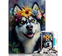 Husky with Flowers 1000 Piece Jigsaw Puzzle for Adults And Teenagers,Staycation Kill Time with Fully Interlocking Randomly Shaped Pieces (75x50cm)