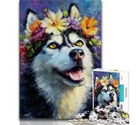 Husky with Flowers 1000 Piece Jigsaw Puzzle for Adults Teens,Challenging To Complete But Fun And Humorous Unique Home Decor And Gifts (38x26cm)