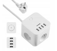 Huslog Cube 7 in 1 Power Strip with 3 Sockets, 4 USB Ports, LED Switch, 230V/10A, 1.5 m Cable, Ground, Non-Slip Base, Compact for Office & Home, White