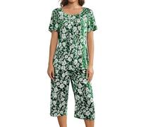 Husmeu Pyjamas for Women en Cotton Ladies Pyjamas Set Floral Printing Short Sleeve Two Piece Sleepwear Loungewear with Pockets Green L