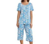 Husmeu Pyjamas for Women en Cotton Ladies Pyjamas Set Floral Printing Short Sleeve Two Piece Sleepwear Loungewear with Pockets Blue M