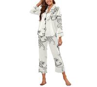 Husmeu Pyjamas for Women Silk Pjs Sets Cute Tiger Pattern Long Sleeve Two Piece Button Down Sleepwear Loungewear White Tiger XL