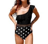 Husmeu Swimming Costume Women One Shoulder Swimsuits Ruffle One Piece Bathing Suits for Women Tummy Control Hollow Out Mesh Monokini Polka Dot M