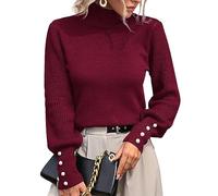 Husmeu Women's Roll-Neck Jumper Fall Winter Turtleneck Sweaters for Women Lantern Sleeve Knitted Pullover Sweater Jumper Tops Wine Red L