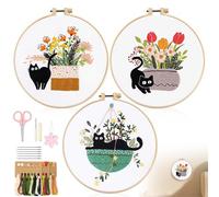 HUSOUE 3 PCS Embroidery Kit for Adults Beginners, DIY Cross Stitch Kits with Floral Cat Pattern Hoop Thread & Needles Punch Needle Kit Crafts for Adults (Cat)