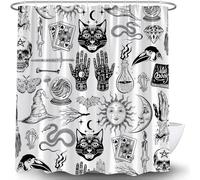HUSPWP Halloween Shower Curtain Gothic Tarot Boho Palmistry Mysterious Black Cat Horror Magic Spooky Skull Sun Moon Vintage Witchcraft Cool Fabric Home Decor Bathroom Curtain Set with Hooks