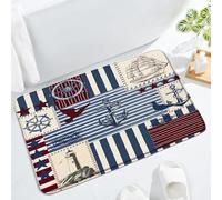HUSPWP Vintage Nautical Floor Bath Mat Patchwork Coastal Blue Red White Stripe Anchor Sailing Seagull Lighthouse Rudder Bathroom Decor Rug Doormat Toilet Floor Rug,17.7x29.5IN
