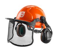 Husqvarna 592752602 Chainsaw Helmet with Metal Mesh Face Shield, Adjustable Ear Muffs for Hearing Protection, and Sun Peak, HDPE Forestry Helmet Shell, Orange