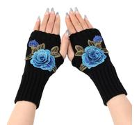 HUSSATOP Women Rose Flower embroidery Winter Fingerless Gloves Crotch Knitted Arm Sleeves, Blue Flower-black Gloves, One Size