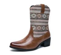 HusSeN Western Cowboy Boots Mid Calf Retro Classic Country Western Boots Non Slip Low Heel Flat Distressed Country Boots for Equestrian Farm Ranch Construction Site, coffee, 6.5 UK