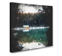 Hut At The Foot Of A Mountain Paint Splash Canvas Print | Gallery Wrapped 30mm Frame Wall Art | 20x20 inches | Ready to Hang | Modern Landscape Picture | Living Room Bedroom Lounge Office