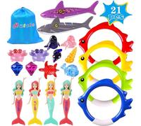Hutato 21 PCS Swimming Diving Pool Toys for Kids - Fun Swim Games Sinking Set, Underwater Dive Gifts with Storage Bag Include Torpedo Gems Shark Rings Sea Animals for Boys Girls Adults