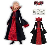 HUTRADE Halloween Costume Vampire Girls - Black/Red Vampire Dress with Stand-Up Collar, Necklace & 3 Halloween Stickers, Dracula Dress for Carnival, Fancy Dress, Cosplay & Halloween, Children 4-12