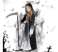 HUTRADE Halloween Girl Death Costume with Scythe - Spooky Black Hooded Dress with Long Sleeve, 4-12 Years of Soft Polyester for Carnival, Cosplay and Parties (M)