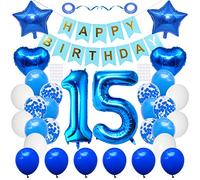 Huture 15th Birthday Party Supplies - Blue & White Foil Balloons, Happy Birthday Banner, Confetti, Stars - Great Gift for Girls & Boys