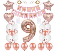 Huture 9th Birthday Party Supplies Rose Gold Number 9 Foil Balloon Kit - Happy Birthday Banner, White Latex Confetti, Star Heart Balloons - Great Gift for Girls