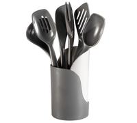 Hutzler 7-Piece Mini Melamine Cooking Utensils and Storage Crock Set, Includes 7.5 Inch Long Fork, Slotted Spoon, Solid Spoon, Ladle, Spreader and Slotted Turner (Gray)