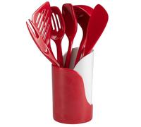 Hutzler 7-Piece Mini Melamine Cooking Utensils and Storage Crock Set, Includes 7.5 Inch Long Fork, Slotted Spoon, Solid Spoon, Ladle, Spreader and Slotted Turner (Red)