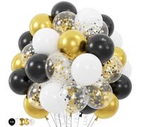 Huudngeje 100pc Gold Black and White Balloons with 12in Metallic Gold and Black Confetti Balloons for Class of Graduation Ceremony