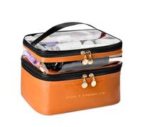 Huudngeje Brown Large Layered Travel Makeup Bags with Clear Organizer Section, Ideal for Skincare Products