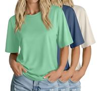 Huukeay 3 Pack Women's Half Sleeve T-Shirts, Crew Neck Elbow Length Tops Loose Casual Basic Tees Summer Cotton Tunic Tops, Grass Green, Haze Blue, Cream, S