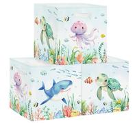 HUUMONSS 11.8" Sea Animal Storage Cube Organizer Set Shark Turtle Jellyfish Clothes Storage Basket Bin for Closet Shelf Stingray Seaweed Nursery Kid Room Book Toy Chest, 3Pcs