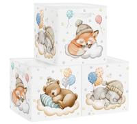 HUUMONSS 11.8" Sleeping Animals Storage Cube Organizer Set 3Pcs Clothes Storage Basket Bin for Closet Shelf Bear Stars Balloon Nursery Kid Room Book Toy Chest, Fox