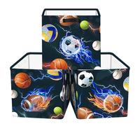 HUUMONSS 11.8" Sport Ball Storage Cube Organizer Set 3Pcs Clothes Storage Basket Bin for Home Basketball Volleyball Kid Book Toy Chest, Lightning