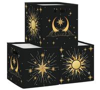 HUUMONSS 11.8" Sun Moon Celestial Storage Cube Organizer Set 3Pcs Clothes Storage Basket Bin for Closet Shelf Mid Century Modern Nursery Bedroom Book Toy Chest, Black Gold