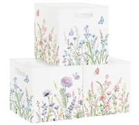 HUUMONSS 11.8" Wild Flower Storage Cube Organizer Set 3Pcs Clothes Storage Basket Bin for Closet Shelf Garden Butterfly Nursery Kid Room Book Toy Chest, Plant Bush