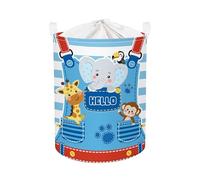 HUUMONSS Striped Pocket Animals Baby Laundry Hamper Collapsible Clothes Kids Storage Basket Elephant Monkey Large Boys Girls Gift Toy Box Bin for Nursery, Blue, 63L