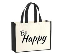 Huuraa Jute bag Be Happy Schriftzug Gift shopper shopping bag Black 21 liters jute and cotton Be Happy Schriftzug Attention