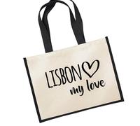 Huuraa Jute bag Lisbon my love Gift shopper shopping bag Black 21 liters jute and cotton Lisbon my love Attention