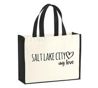 Huuraa Jute bag Salt Lake City my love Gift shopper shopping bag Black 21 liters jute and cotton Salt Lake City my love Attention