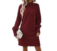 HUUSA Winter Dresses for Women 2024 Fall Puff Long Sleeve Sweaters Loose Mock Neck Outfits Sexy Mini Dress Going Out, Berry Red, XL