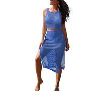 HUUSA Women's 2 Piece Crochet Swimsuit Coverups Hollow Out Bikini Bathing Suit Cover Up Swimwear Mesh Beach Slit Skirt Set, Blue, Medium