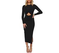HUUSA Women's Long Sleeve Cutout Bodycon Dress Sexy Crewneck Twist Knot Ruched Slit Slim Fitted Ribbed Knit Midi Dresses, Black, L