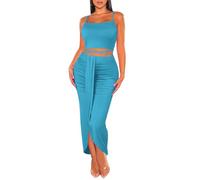 HUUSA Women's Sexy 2 Piece Skirt Sets Elegant Bodycon Maxi Dress Sleeveless Tank Shirt Tops High Waist Ruched Slit Long Dress, Light Blue, Small