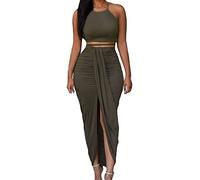 HUUSA Women's Sexy 2 Piece Skirt Sets Elegant Bodycon Maxi Dress Sleeveless Tank Shirt Tops High Waist Ruched Slit Long Dress, Olive, Medium